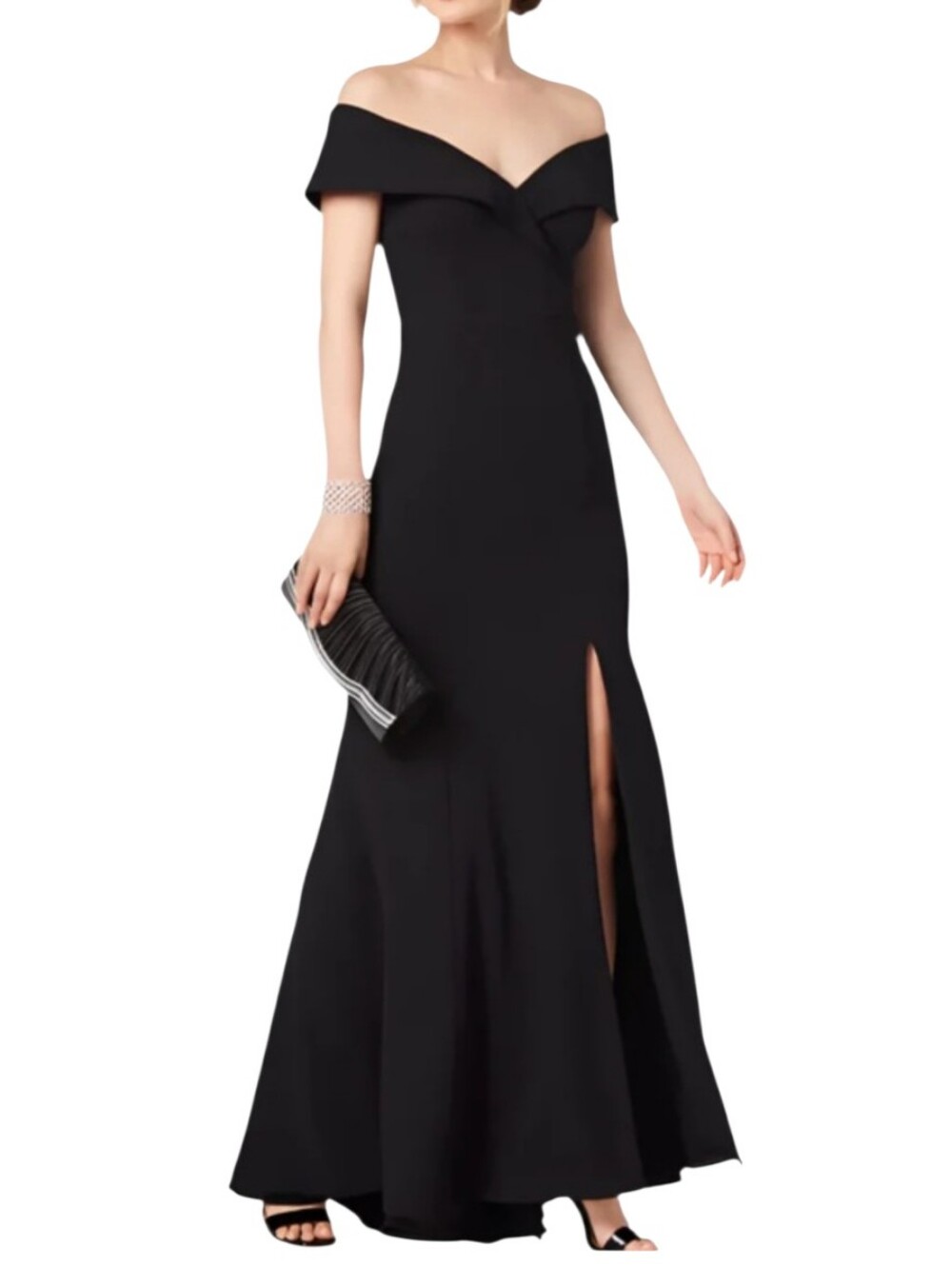 Xscape Black Off-Shoulder Evening Gown with Front Slit...Size 14W